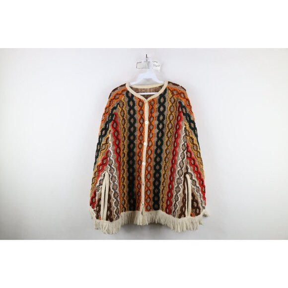 Vtg 60s 70s Mid Century Modern Womens OSFA Rainbow Fringed Sweater Cape Cardigan